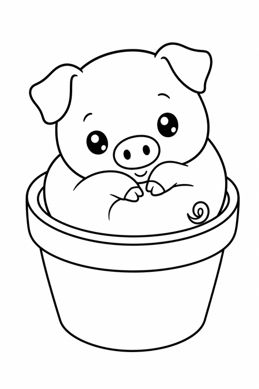 Piglet curled up in a flower pot: A round piglet curled into a tight ball in a flower pot, in a chibi style with an oversized head and a tiny body, free printable coloring page