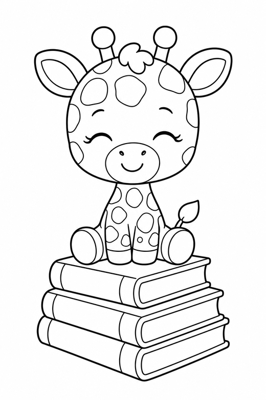 Giraffe content on books: A baby giraffe with eyes closed contentedly on a stack of books, in a chibi style with an oversized head and a tiny body, free printable coloring page