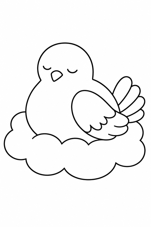 Dove content on a cloud: A round dove with eyes closed contentedly resting on a soft cloud, in a very simple minimal style with only a few lines, free printable coloring page