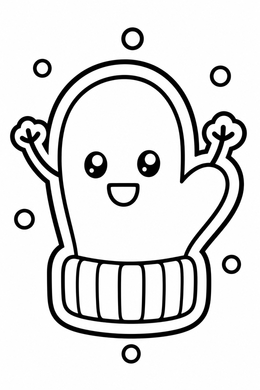 Mitten arms up with dots: A single mitten with tiny stick arms raised with a few floating dots around it, in a chunky sticker style with an extra thick outline, free printable coloring page