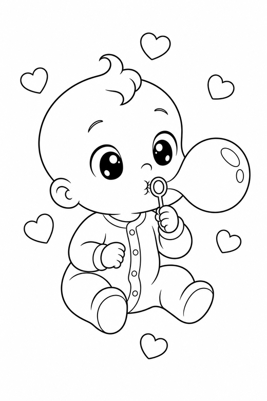 Baby in a onesie blowing a bubble: An original chibi baby in a onesie blowing a soap bubble with small hearts floating around, in a chibi style with an oversized head and a tiny body, free printable coloring page
