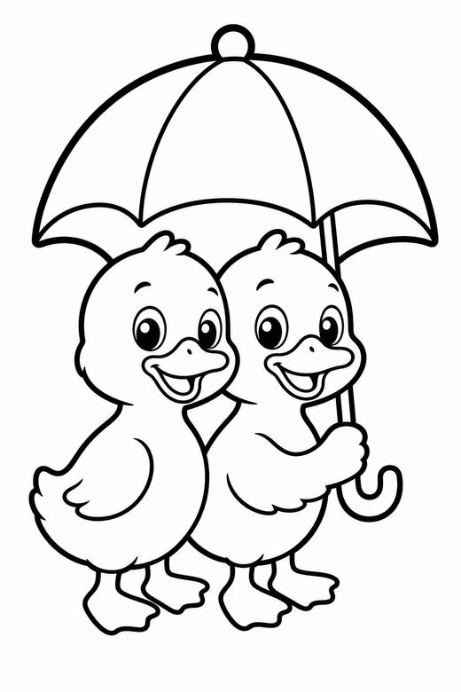Two ducklings smiling under an umbrella: Two ducklings in a row all smiling under one small umbrella, in a chunky sticker style with an extra thick outline, free printable coloring page