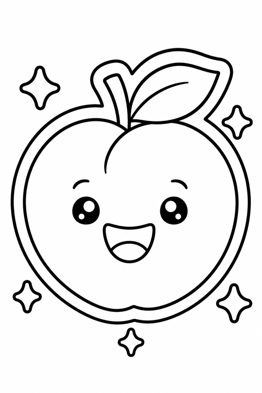 Peach smiling with sparkles: A round peach with a single leaf with a wide happy smile with small sparkle shapes around it, in a chunky sticker style with an extra thick outline, free printable coloring page