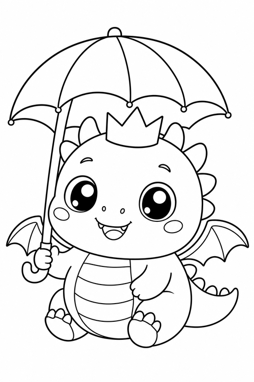 Baby dragon crowned under an umbrella: A round baby dragon wearing a tiny paper crown under a little umbrella, in a chibi style with an oversized head and a tiny body, free printable coloring page