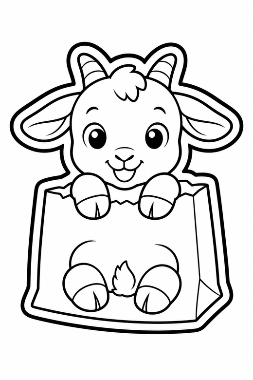 Kid goat sitting down in a paper bag: A small kid goat sitting down with legs folded peeking out of a paper bag, in a chunky sticker style with an extra thick outline, free printable coloring page