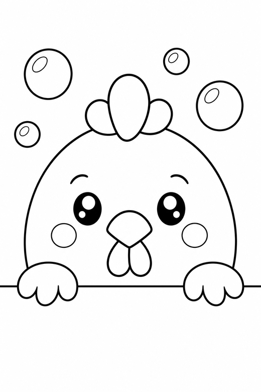 Hen peeking with bubbles: A round hen peeking over a ledge with a few bubbles around it, in a soft rounded kawaii style, free printable coloring page