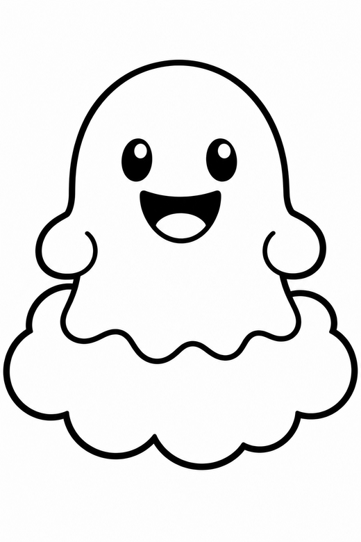 Friendly ghost smiling on a cloud: A small rounded ghost with a wide happy smile sitting on a soft cloud, in a chunky sticker style with an extra thick outline, free printable coloring page