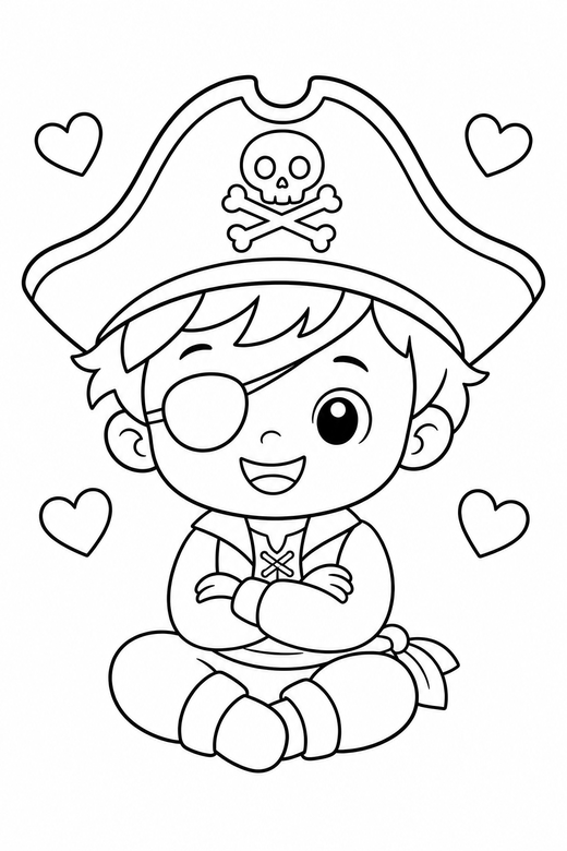 Little pirate sitting with hearts: An original chibi child with a pirate hat and eyepatch sitting cross-legged with small hearts floating around, in a chibi style with an oversized head and a tiny body, free printable coloring page