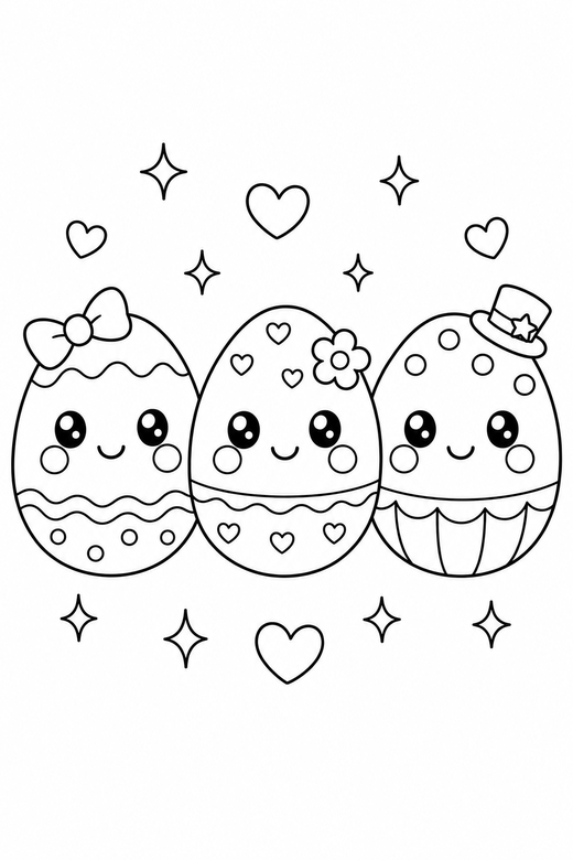 Three eggs blushing with sparkles: Three round eggs in a row with matching rosy cheeks with sparkles around them, with small decorative details such as tiny patterns and a little accessory, free printable coloring page