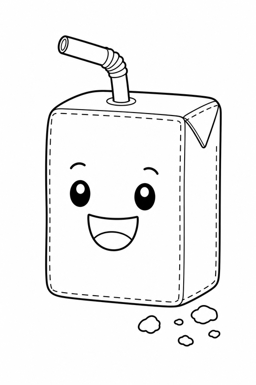 Juice box smiling with crumbs: A juice box with a straw with a wide happy smile with a few crumbs beside it, drawn to look like a soft plush toy with visible stitch lines, free printable coloring page