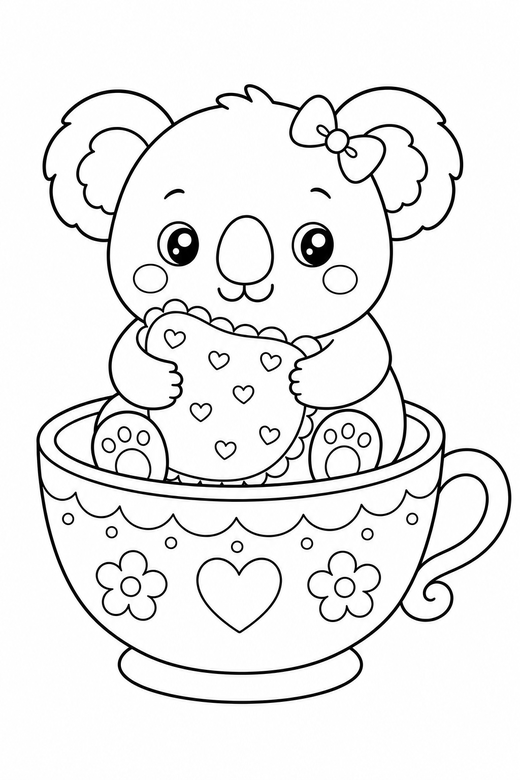 Koala hugging a cushion in a teacup: A round koala hugging a small cushion inside a teacup, with small decorative details such as tiny patterns and a little accessory, free printable coloring page