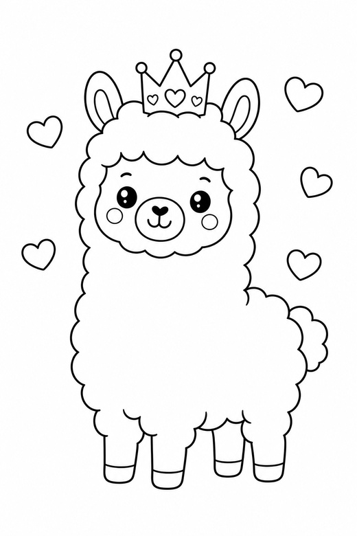Llama crowned with hearts: A fluffy llama wearing a tiny paper crown with small hearts floating around it, in a soft rounded kawaii style, free printable coloring page