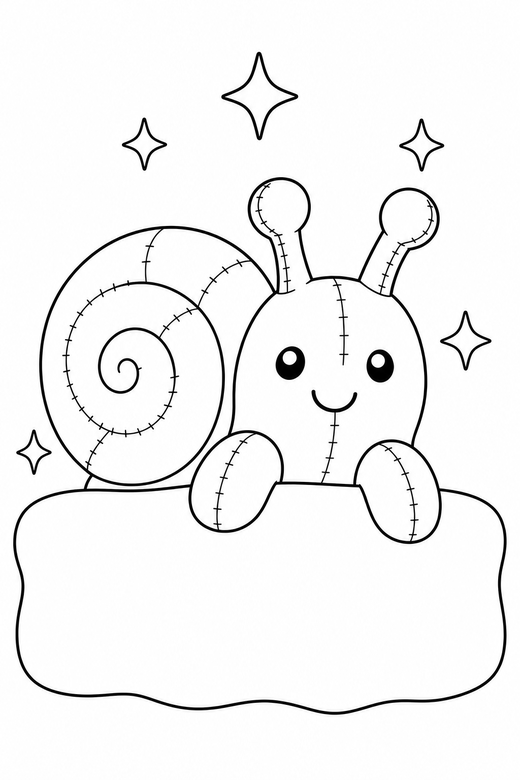 Snail peeking with sparkles: A snail with a spiral shell peeking over a ledge with small sparkle shapes around it, drawn to look like a soft plush toy with visible stitch lines, free printable coloring page