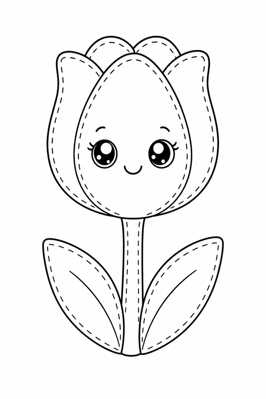 Tulip starry-eyed plain: A single tulip with big sparkling eyes on a plain background with generous white space, drawn to look like a soft plush toy with visible stitch lines, free printable coloring page