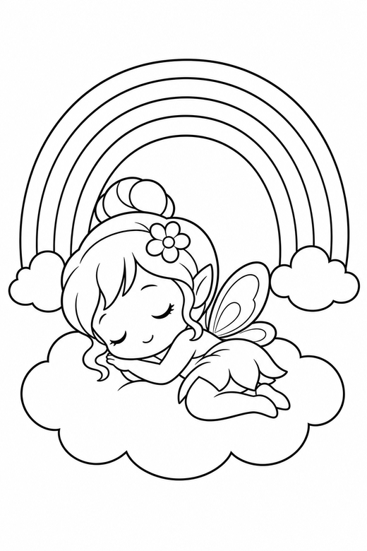 Tiny fairy asleep under a rainbow: An original chibi fairy with small wings sleeping curled up under a small rainbow, in a chibi style with an oversized head and a tiny body, free printable coloring page