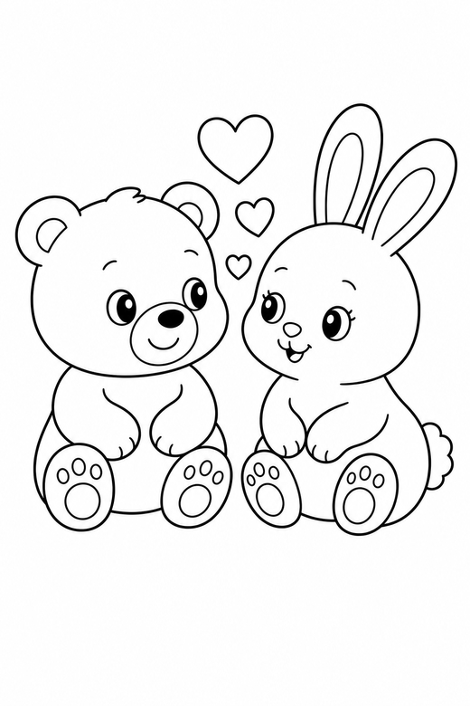 Bear and bunny looking at each other: A small bear and a small bunny side by side looking at each other with hearts between them, in a soft rounded kawaii style, free printable coloring page