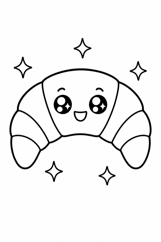 Croissant starry-eyed with sparkles: A curved croissant with big sparkling eyes with small sparkle shapes around it, in a very simple minimal style with only a few lines, free printable coloring page