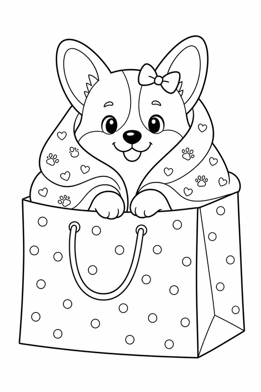 Corgi in a blanket in a paper bag: A short-legged corgi wrapped in a small blanket peeking out of a paper bag, with small decorative details such as tiny patterns and a little accessory, free printable coloring page