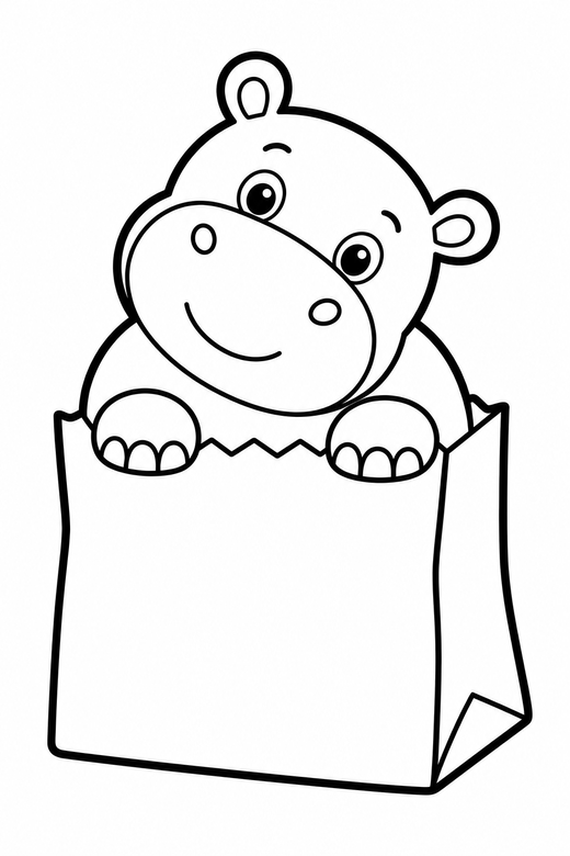Hippo head tilted in a paper bag: A round hippo tilting its head to one side peeking out of a paper bag, in a chunky sticker style with an extra thick outline, free printable coloring page