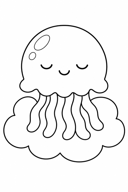 Jellyfish content on a cloud: A round jellyfish with eyes closed contentedly resting on a soft cloud, in a soft rounded kawaii style, free printable coloring page