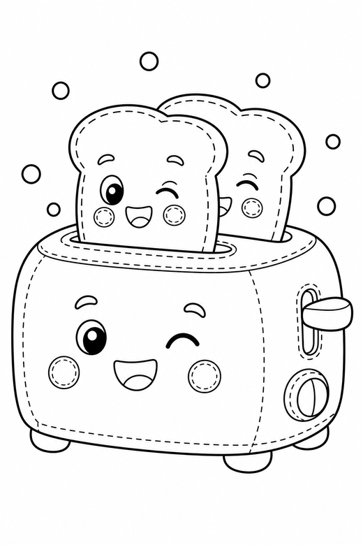Toaster winking with dots: A toaster with two slices popping up winking one eye with a few floating dots around it, drawn to look like a soft plush toy with visible stitch lines, free printable coloring page