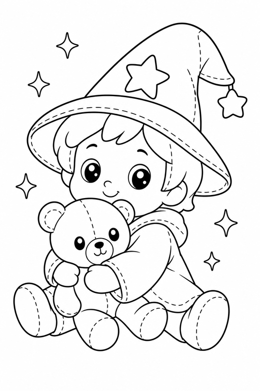 Little wizard hugging a plush with sparkles: An original chibi child in a pointed wizard hat hugging a plush toy with sparkles around, drawn to look like a soft plush toy with visible stitch lines, free printable coloring page