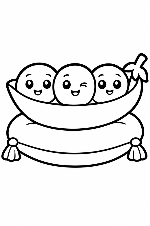 Peas in a pod winking on a cushion: Three peas in an open pod one of them winking on one cushion together, in a chunky sticker style with an extra thick outline, free printable coloring page