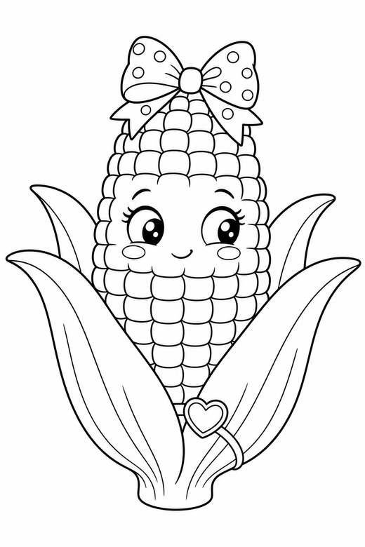 Corn cob shy with a bow: A corn cob with the husk peeled back with a shy sideways glance wearing a small ribbon bow, with small decorative details such as tiny patterns and a little accessory, free printable coloring page