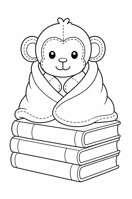 Monkey in a blanket on books: A small monkey wrapped in a small blanket on a stack of books, drawn to look like a soft plush toy with visible stitch lines, free printable coloring page
