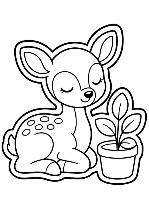 Fawn content by a plant: A spotted fawn with eyes closed contentedly beside a small potted plant, in a chunky sticker style with an extra thick outline, free printable coloring page