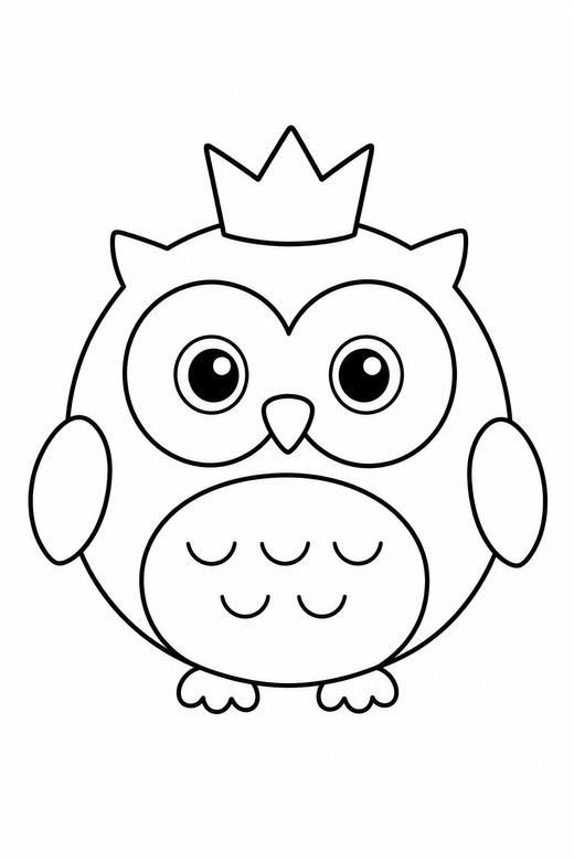 Owl crowned plain: A round owl wearing a tiny paper crown on a plain background with generous white space, in a very simple minimal style with only a few lines, free printable coloring page