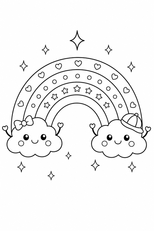 Rainbow arms up with sparkles: A small rainbow arc with a cloud at each end with tiny stick arms raised with small sparkle shapes around it, with small decorative details such as tiny patterns and a little accessory, free printable coloring page