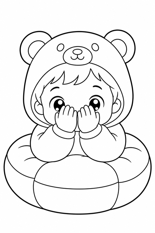 Kid in a bear onesie peeking on a cushion: An original chibi child in a bear onesie peeking from behind both hands on a big round cushion, in a soft rounded kawaii style, free printable coloring page