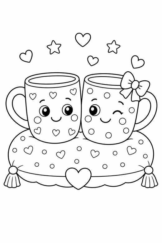 Two mugs winking on a cushion: Two mugs side by side one of them winking on one cushion together, with small decorative details such as tiny patterns and a little accessory, free printable coloring page