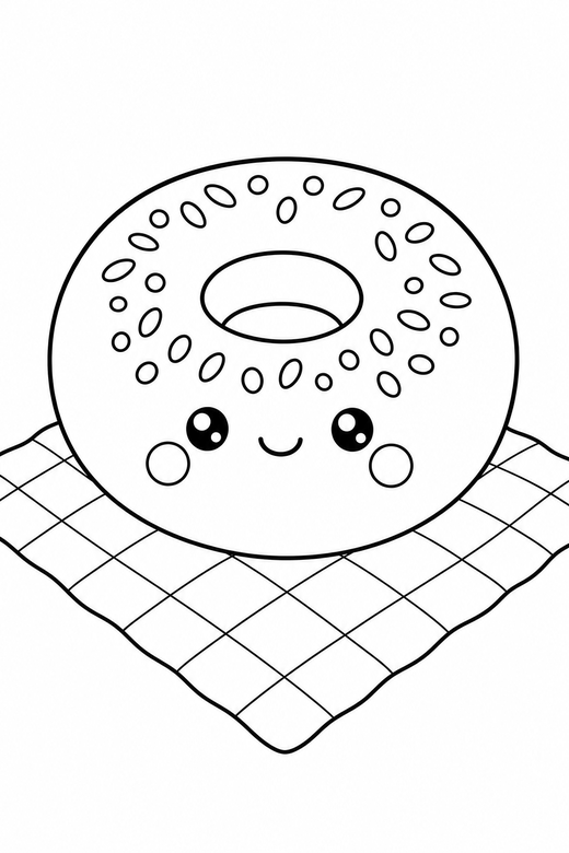 Bagel blushing on a picnic cloth: A bagel with a ring of seeds with rosy cheeks and a tiny smile on a checked picnic cloth, in a soft rounded kawaii style, free printable coloring page