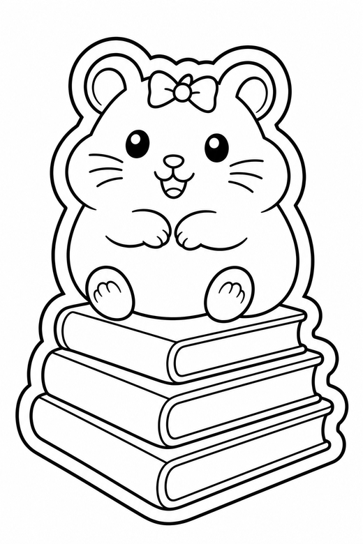 Hamster with a bow on books: A chubby hamster with a tiny bow on its head on a stack of books, in a chunky sticker style with an extra thick outline, free printable coloring page