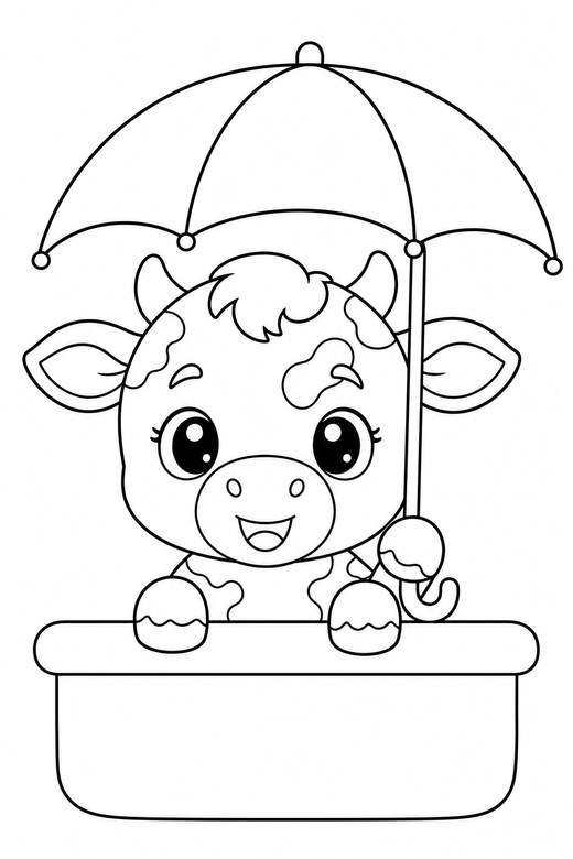 Calf peeking under an umbrella: A small spotted calf peeking over a ledge under a little umbrella, in a chibi style with an oversized head and a tiny body, free printable coloring page