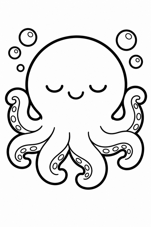 Octopus content with bubbles: A round octopus with eyes closed contentedly with a few bubbles around them, in a chunky sticker style with an extra thick outline, free printable coloring page