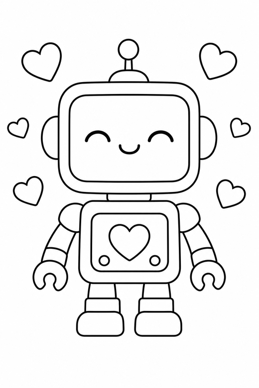 Robot content with hearts: A boxy little robot with closed content eyes with tiny hearts around it, in a soft rounded kawaii style, free printable coloring page