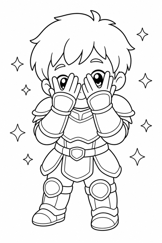 Little knight peeking with sparkles: An original chibi child in light armour peeking from behind both hands with sparkles around, in a soft rounded kawaii style, free printable coloring page