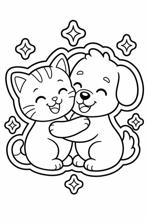 Cat and dog smiling with sparkles: A small cat and a small dog hugging all smiling with sparkles around them, in a chunky sticker style with an extra thick outline, free printable coloring page