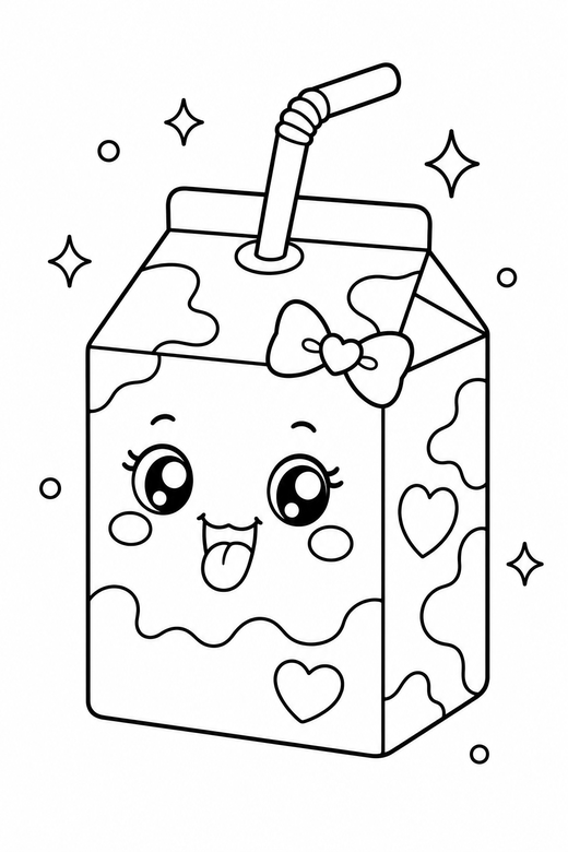 Milk carton cheeky with sparkles: A small milk carton with a bendy straw sticking out a tiny tongue with small sparkle shapes around it, with small decorative details such as tiny patterns and a little accessory, free printable coloring page