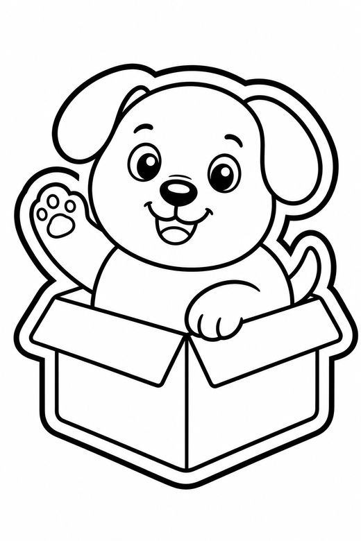 Puppy waving in a box: A round puppy waving one paw inside a cardboard box, in a chunky sticker style with an extra thick outline, free printable coloring page