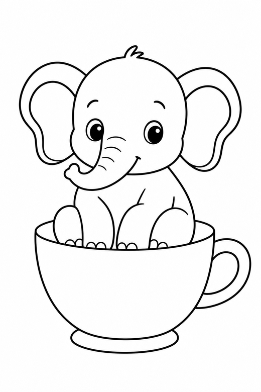 Baby elephant sitting down in a teacup: A baby elephant sitting down with legs folded inside a teacup, in a very simple minimal style with only a few lines, free printable coloring page