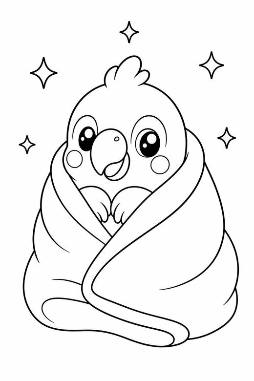 Parrot in a blanket with sparkles: A small parrot wrapped in a small blanket with small sparkle shapes around it, in a soft rounded kawaii style, free printable coloring page
