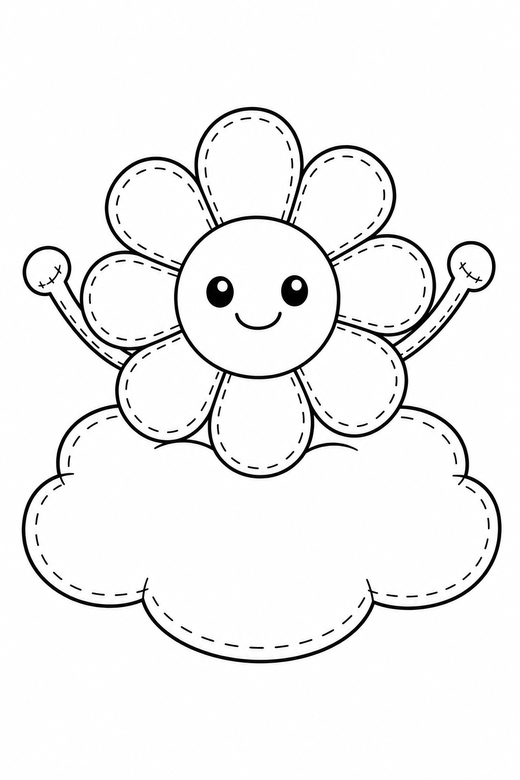 Daisy arms up on a cloud: A single daisy with tiny stick arms raised sitting on a soft cloud, drawn to look like a soft plush toy with visible stitch lines, free printable coloring page