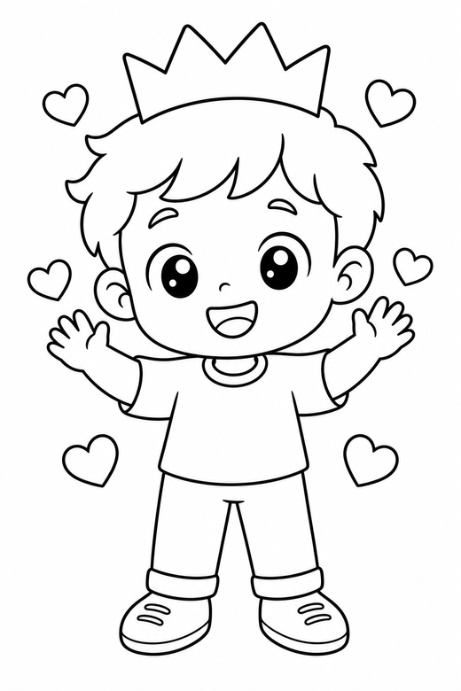Boy with a paper crown waving with hearts: An original chibi boy wearing a paper crown waving with both hands with small hearts floating around, in a soft rounded kawaii style, free printable coloring page