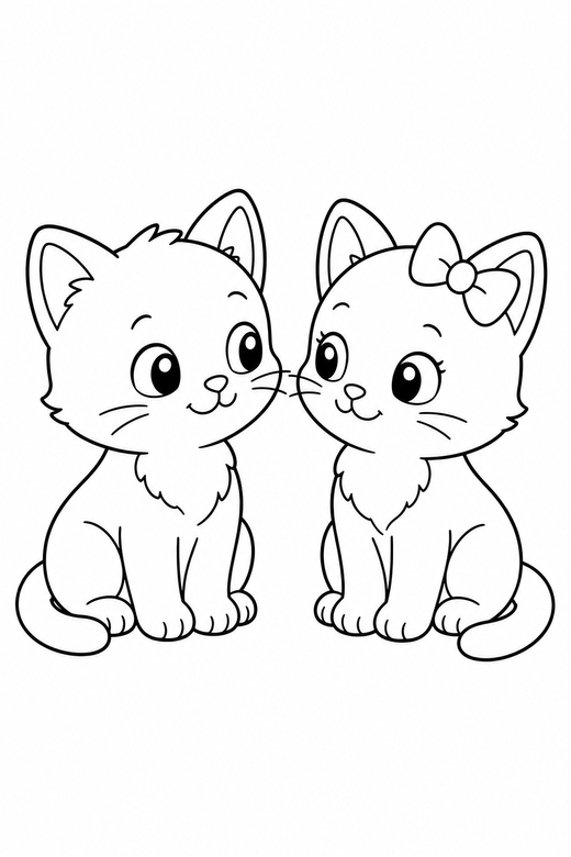 Two kittens looking at each other plain: Two kittens side by side looking at each other on a plain background with generous white space, in a soft rounded kawaii style, free printable coloring page