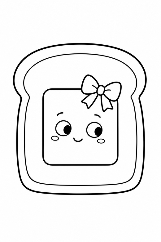 Slice of toast shy with a bow: A slice of toast with a square of butter with a shy sideways glance wearing a small ribbon bow, in a very simple minimal style with only a few lines, free printable coloring page