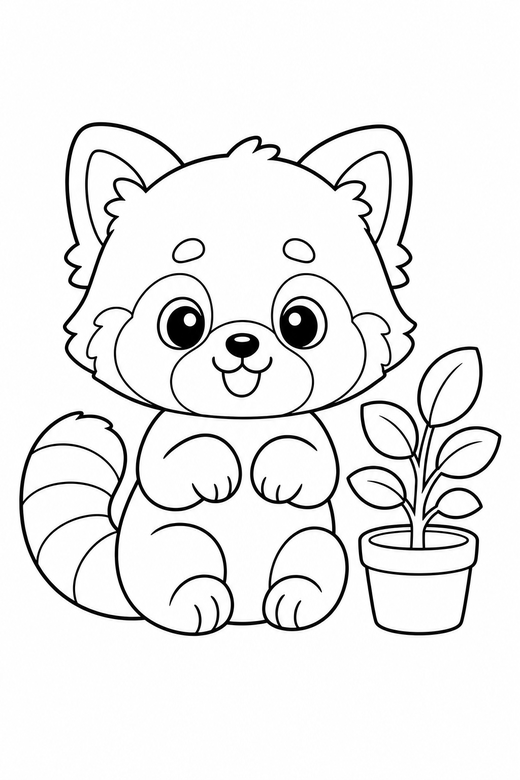 Red panda sitting up by a plant: A fluffy red panda sitting up on its haunches beside a small potted plant, in a chibi style with an oversized head and a tiny body, free printable coloring page